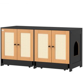 Cat Litter Box Enclosure w/ 2 Cabinets, Scratching Mats, Trays, for 2 Cats Kittens, Black